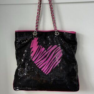 Betsey Johnson Betseyville Black Sequin Tote Pink Zebra Heart
